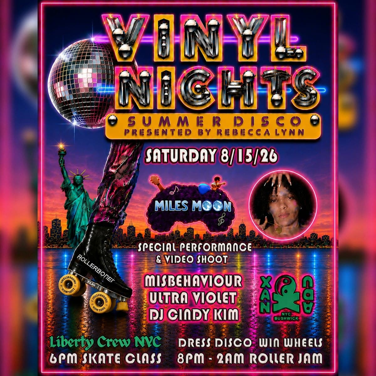 Vinyl Nights Summer Disco w/ Misbehaviour, Ultra Violet, DJ Cindy Kim & performance with Miles Moon (skate all night)